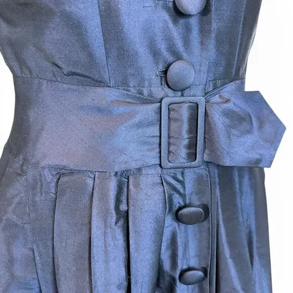 Teri Jon Navy Blue Structured Belted Silk Dress Rockabilly Wedding Guest Size 4 - Picture 7 of 12